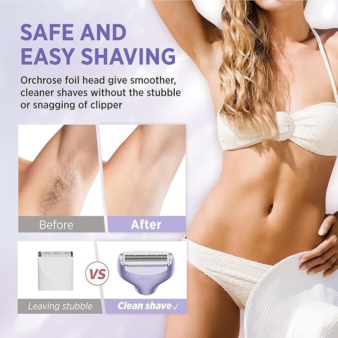 Electric Razor for Women Body: Rechargeable Painless Electric Shaver for Bikini Face Body Legs Underarms (Purple)