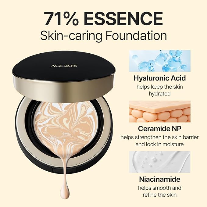 [Vegan] AGE20'S Signature Essence Pact | Pack of 1 | 13C PORCELAIN | Korean Cushion Foundation | Cream Foundation, Dewy & Glow Finish, Natural Coverage, SPF 50+