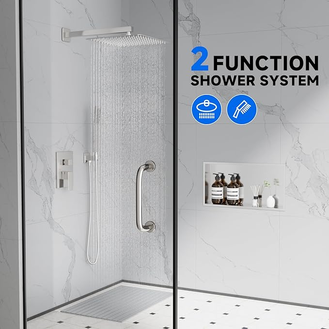 POPFLY 12 Inch Rainfall Shower System with Handheld Spray – 2-Function High Pressure Wall Mounted Shower Faucet Set, Brass Mixer Valve & Brushed Nickel Trim Kit (Rough-in Valve Included)