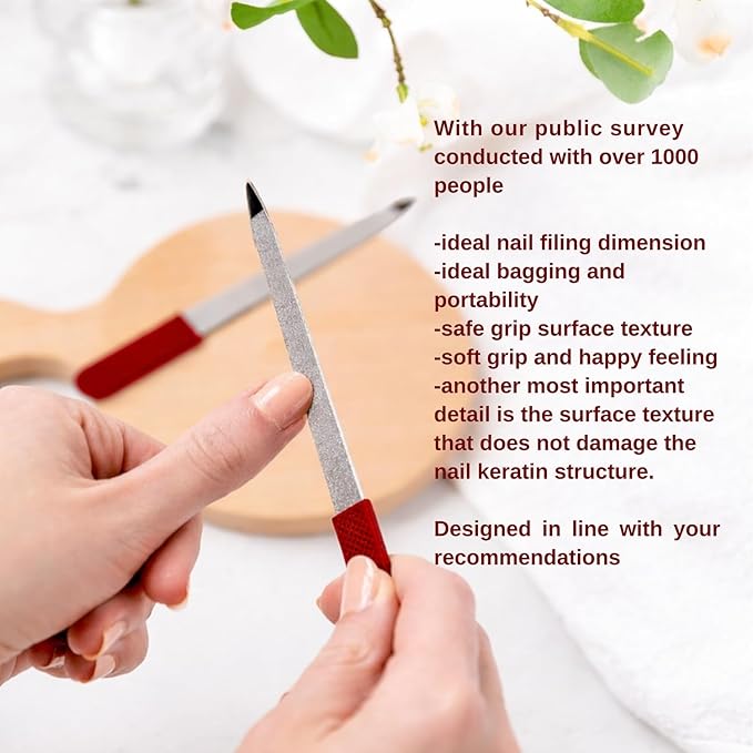 Professional Sapphire Ruby Red Nail File – 6.7" Stainless Steel, Double-Sided Metal File, Ergonomic Non-Slip Handle, for Natural, Gel, Acrylic Nails, Manicure & Pedicure Tool