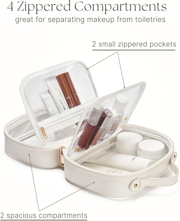 Oaque Clear Cosmetic Bag Double Layer Travel Toiletry Bag Clear Makeup Bag Case with 4 Compartments, Transparent Travel Bag for Toiletries, Large Toiletry Bag for Women Cosmetic Case (White, Small)