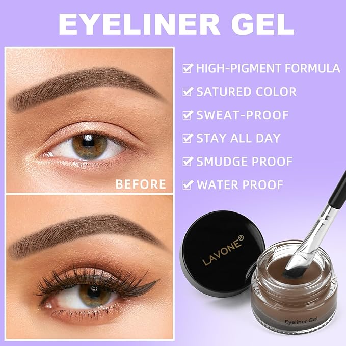 LAVONE Eyeliner Set - Waterproof Makeup Kit with Liquid Eye Liner Pencil, Gel Eyeliner and Angled Eye Liner Brush, Waterproof, Smudge Resistant, Long Lasting Formula - Dark Brunette