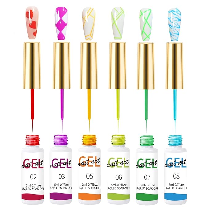 Gel Liner Nail Polish Set, 6 Color Line Art DIY Nail Polish, Ultra-Fine Brush Head, French Line Graffiti Flower Stripe Design Nail For Salon or Home