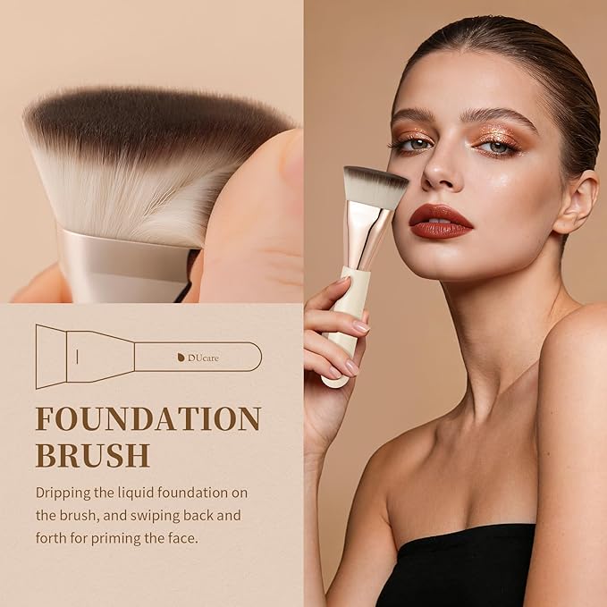 DUcare Foundation Brush for Liquid Makeup, Flat Top Professional Kabuki Brush with Puff Buffing Blending Mineral Powder Large Makeup Face Brush