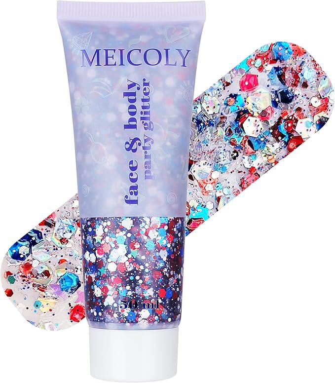 MEICOLY Red White and Blue Body Glitter,4th of July Patriotic Accessories Hair Glitter for Kids,4th of July Outfits for Women,Self-Adhesive Face Glitter for President's Day Veterans Day