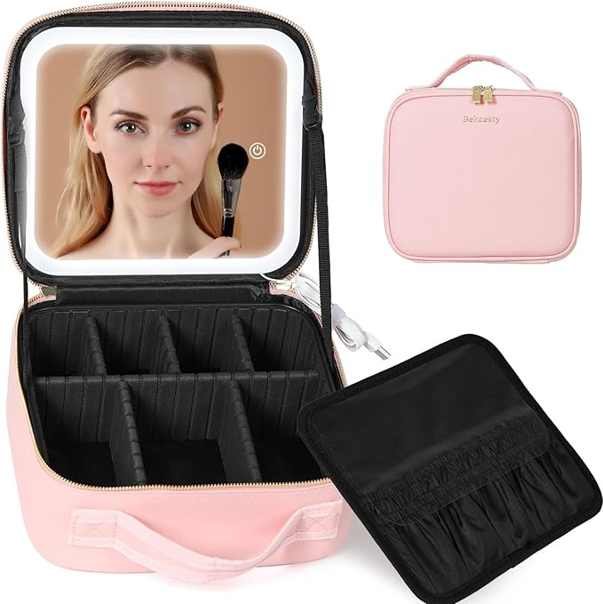 Behaesty Travel Makeup Bag with LED Lighted Mirror, Cosmetic Makeup Organizer Bag with 3 Color Setting, Makeup Train Case with Adjustable Dividers for Women Makeup Brushes Jewelry Accessories (Pink)