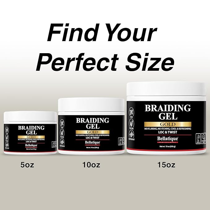 BELLATIQUE GOLD Braiding Gel Maximum Hold for LOC & Twist - No Flaking, No Whitening, Fast Drying, High Shine, Cool & Refreshing, Long Lasting Hold (10 oz)