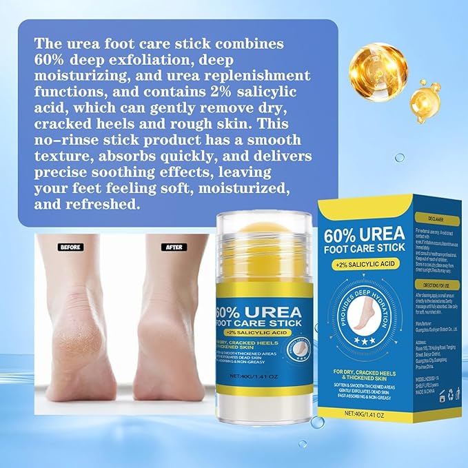 60% Urea Cream Stick Plus 2% Salicylic Acid,Foot Cream Moisturizer for Dry Cracked Feet, Knees, Elbows, Hands, Moisturizes and Hydrates,1.41 oz