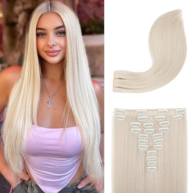 REECHO Hair Extensions, 11PCS Clip in Hair Extensions 28" Long Straight hair extensions HE005 Natural Soft Synthetic Hairpieces for Women Platinum Blonde