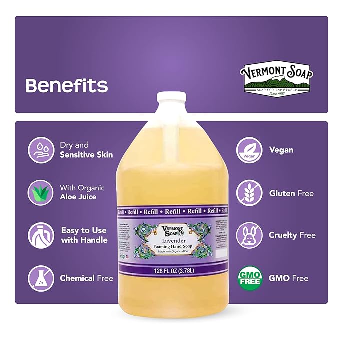 VERMONT SOAP Organics Foaming Hand Soap, Liquid Soap with Pre-diluted Formula - Ready to Use Hand Soap Lavender With Convenient and Economical Gallon Refill