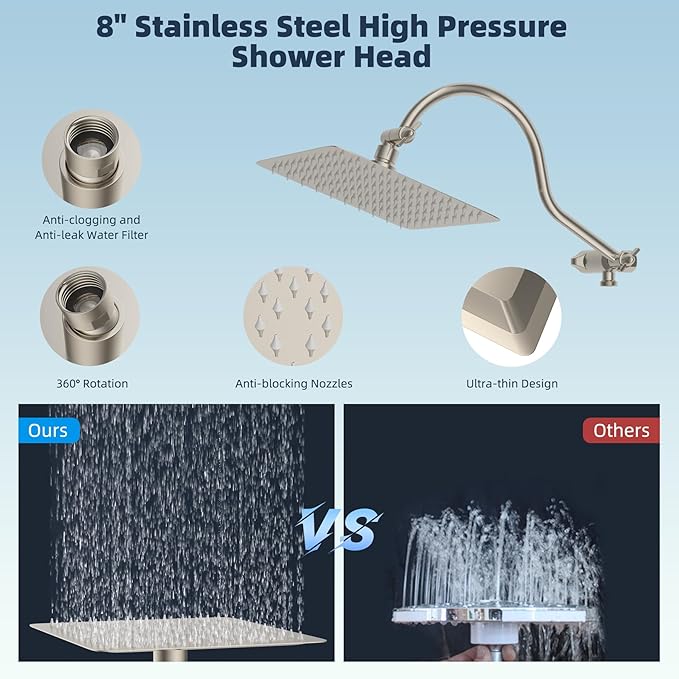 Hibbent All Metal CUPC Certified Shower Head, 8'' High Pressure Rainfall Shower Head, Handheld Showerhead Combo, 12'' Adjustable Extension Arm, 10 Sprays, 71'' Hose, Showerhead Holder, Brushed Nickel