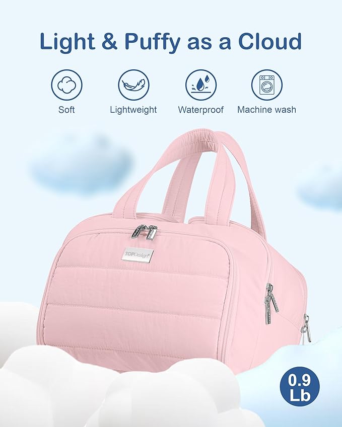TOPDesign Travel Toiletry Bag for Women, Puffer Large Toiletry Bag, Lightweight Cosmetic Makeup Organizer with Handle for Traveling, Accessories, Essentials, Toiletries (Baby Pink)