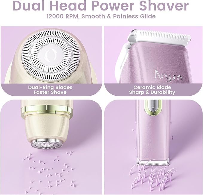 Bikini Trimmer for Women, 2 in 1 Dual Head Rechargeable Electric Shaver, Painless Pubic Hair Trimmer for Underarm Leg Arm Body Face– IPX7 Waterproof & Travel-Friendly, GoldPurple