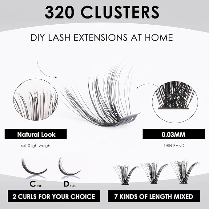 DIY Lash Extensions Kit 320pcs Individual Lashes Clusters 60D 80D Eyelash Extension Kit with Applicator and Lash Bond&Seal,Clusters Lash Glue Remover For False Eyelash Mix 10-16mm (60D+80D KIT)