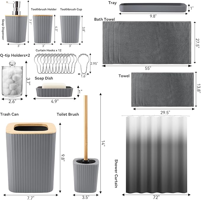XLHOMO Bathroom Set - Grey Bathroom Accessories Set with Shower Curtain, Bath Towels, Soap Dispenser, Toilet Brush, Trash Can, Grey Bathroom Accessories Sets Complete for Housewarming