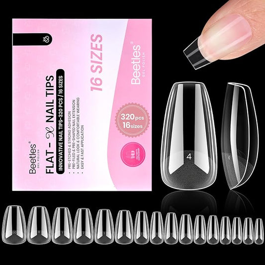 Beetles Gel Nail Tips Flat-X - Coffin Short, 320pcs 16 Sizes, Pre-Etched Half Matte Full Cover Soft Acrylic Press on False Nail Extension Tips Easy DIY Salon Art for Flat & Natural Nail Beds