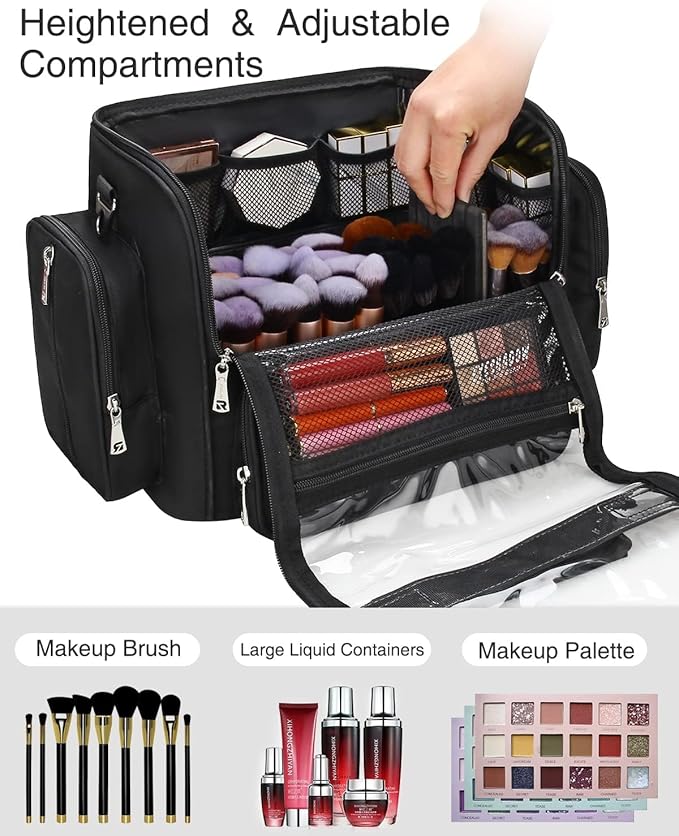 NAONAYA Makeup Brush Bag Extra Large Makeup Brush Case with 4 small bags Professional Makeup Artist Brush Holder Stand Up Organizer for Travel with Adjustable Dividers and Shoulder Strap