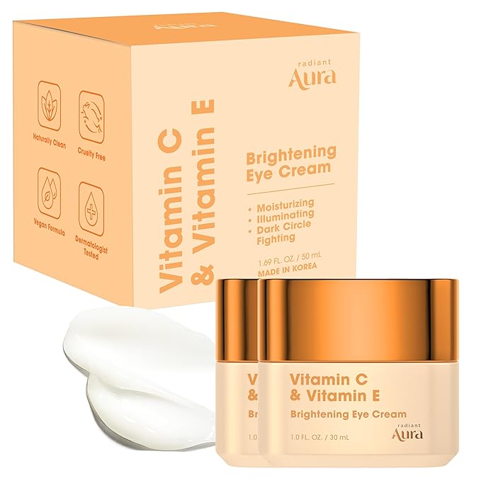 Radiant Aura Vitamin C & Vitamin E Under Eye Cream – Anti Aging Treatment For Dark Circles, Puffiness & Fine Lines, Firms And Hydrates Tired Eyes – Dermatologist Tested, Korean Skin Care – Pack of 2