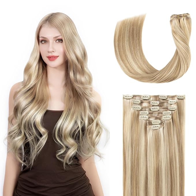 Clip in Hair Extensions Real Human Hair, Silky Remy Hair Extensions Clip Ins, Salon Quality Natural Human Hair, Light Blonde Highlighted Golden Blonde #P16/22 16Inch 120G 7PCS