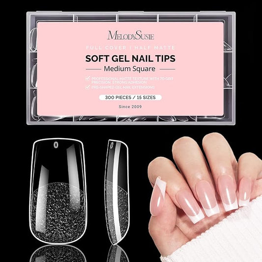 MelodySusie Medium Square X Nail Tips - 300Pcs 15 Sizes Clear Acrylic, Half Matte Full Cover Press on Nails for DIY Extension & Salon Use, Pre-Shaped for Long-Lasting Manicure
