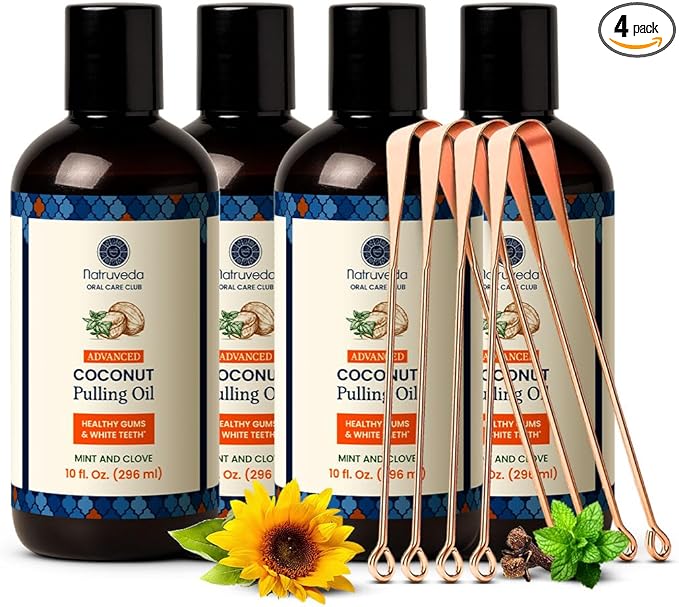 Coconut Oil Pulling Mouthwash – 40 oz (Pack of 4), Extra Virgin Coconut Oil, Mint Flavor, Oil Pulling for Teeth & Gums, Natural Mouthwash, Whitening Oral Rinse, Ayurvedic Pulling Oil