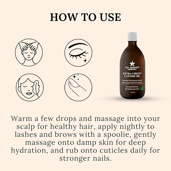 Goodbye Company USDA Organic Food Grade Cold-Pressed Castor Oil - 8.5 oz Glass Bottle, Hexane-Free, Extra Virgin, Small Batch Family Farm Ethically Sourced for Hair Growth, Digestion, Lashes, Brows