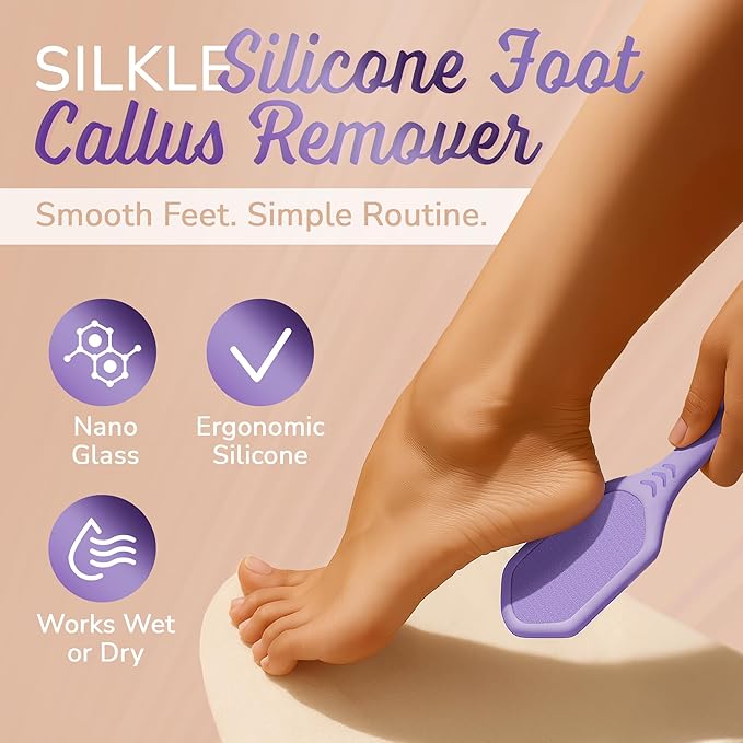 Nano Glass Foot File - Silicone Foot Callus Remover for Feet and Cracked Heels - Heel Scraper for Dead Skin - Ergonomic Foot Scrubber & Exfoliator for Shower with Non-Slip Grip - Purple