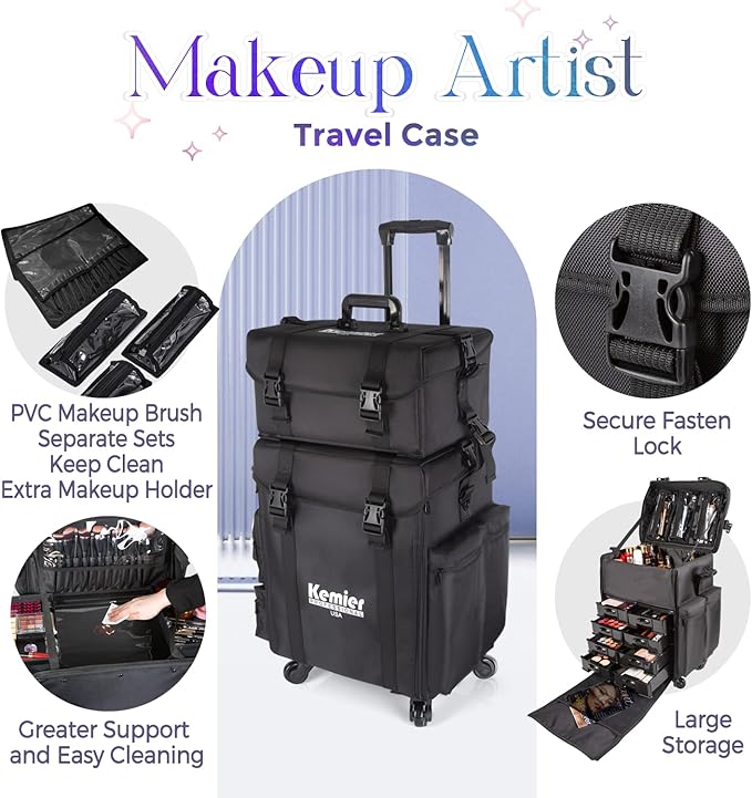 Kemier studio makeup case Omni-directional wheels 2 in 1 Professional Soft Sided,Removable,Artist Rolling Makeup Train Case,Cosmetic Organizer w/Storage Drawers