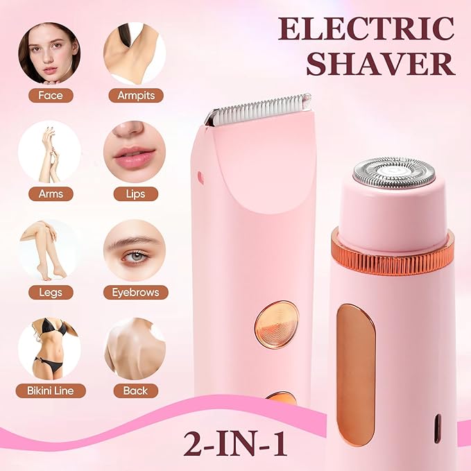 2 in 1 Women Electric Shaver Dual Head Bikini Trimmer for Women IPX7 Waterproof Wet & Dry Use Body Hair Trimmer and Facial Hair Remover for Bikini Underarm Leg Arm Body Face