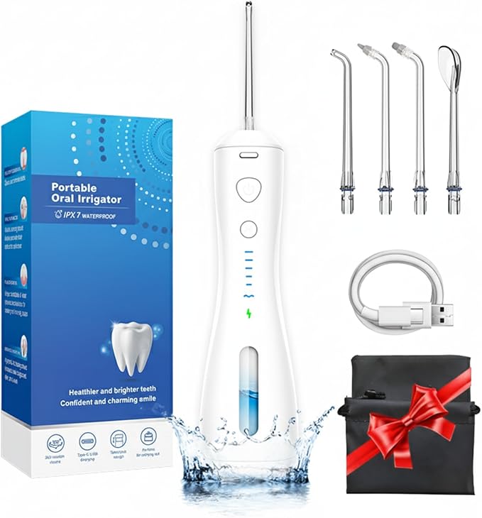 Portable Cordless Water Flosser for Teeth Cleaning – 6 Modes, 30-140 PSI, USB Type-C Rechargeable 2000mAh Battery, IPX7 Waterproof, 4 Nozzles, Ultra-Quiet, Travel-Friendly Oral Irrigator (White)
