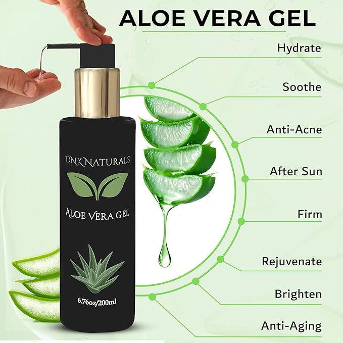 DNK Naturals Aloe Vera Gel made from fresh 100% Pure Aloe - Sunburn Relief - Calms Irritated Skin - Hydrates - With Niacinamide - For Face, Body, and Hair - Vegan, No Fragrance - 200ml