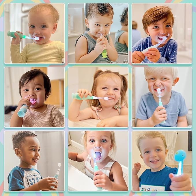 Papablic Toddler Sonic Electric Kids Toothbrush for Ages 1-3 Years, Baby Electric Toothbrush with Cute Dino Cover and Smart LED Timer, 2 Brush Heads (Jo)
