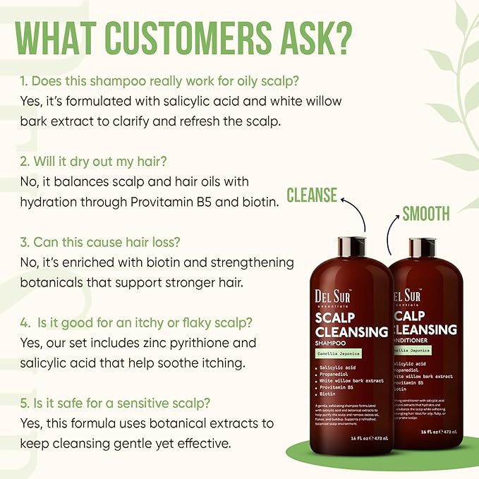 DEL SUR Scalp Cleansing Shampoo and Conditioner Set | 16 fl oz Each | with Camellia Japonica, Salicylic Acid & Willow Bark | Clarifying Oil Control for Build Up & Oily Scalp