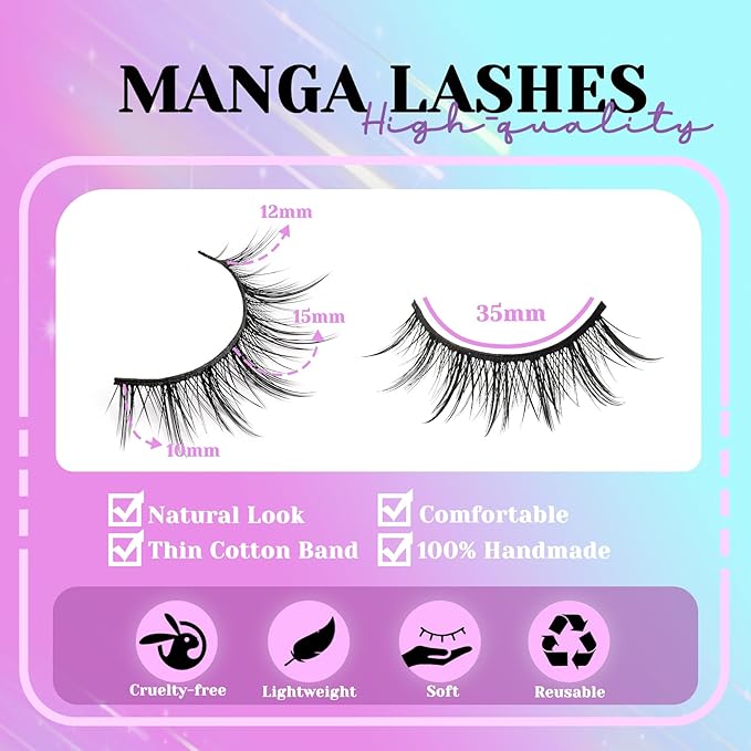 Losha Lashes Natural Manga Lashes 14 Pairs Wispy False Eyelashes Asian Anime Eye Lashes Kit with Lash Glue and Lash Tweezers Soft Fake Eyelashes (Manga)