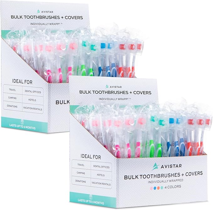 208 Pack Bulk Toothbrushes w/Cover Caps, Individually Wrapped Disposable Travel Toothbrush, Value Size, Long Lasting 3+ Months, Med-Soft Manual Teeth Brush Bristles, 4 Colors (Red Green Blue Pink)