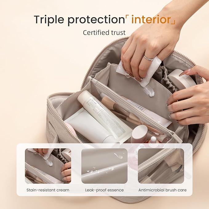 LOVEVOOK Travel Makeup Bag for Women, 2Pcs Puffer Waterproof Cosmetic Organizer, Large Capacity Pouch Open Flat Small Toiletry Bag with Brush Compartment & Handle (Light khaki, Small)