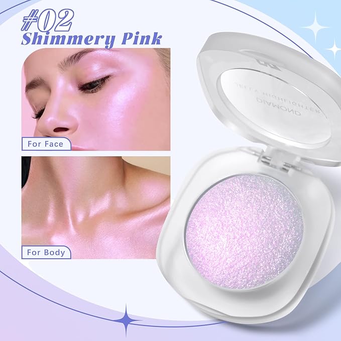 Holographic Chameleon Pink Silver Eyeshadow&Highlighter Palette, Color Shift Glitter Iridescent Cream Highlighter, Smooth Long Lasting Sparkling Eye Shadow Mermaid Facial Illuminator Makeup#02
