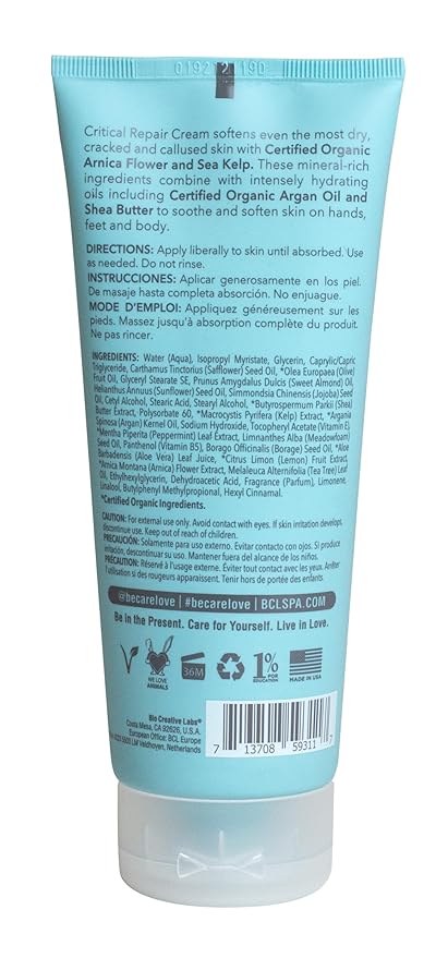 BCL Spa Critical Repair Cream with Organic Arnica Flower + Sea Kelp, intensely hydrating Argan Oil + Shea Butter to soothe + soften skin. 7 Fl Oz