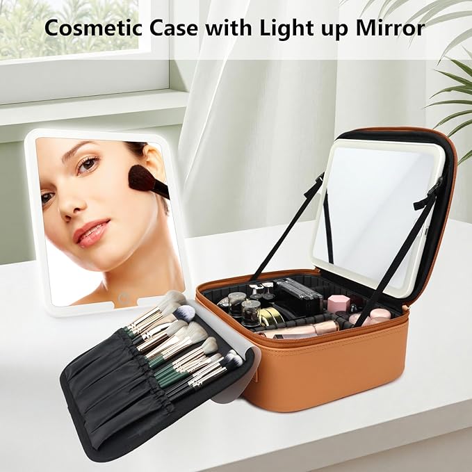 SLUMAZI Travel Makeup Bag with LED Mirror Travel Makeup Organizer with 3 Lighted Settings, Adjustable Dividers and Makeup Brush Storage Bag Caramel