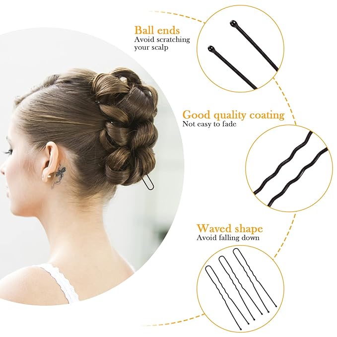 U Shape Bobby Pins in Case - 200pcs Black Hair Pins Clips Bulk for Women - 2.4" Large Strong Hold Bun Pins for Thick/Curly/Straight Hair - Hair Accessories for Styling, Updos, Wedding, Daily Use