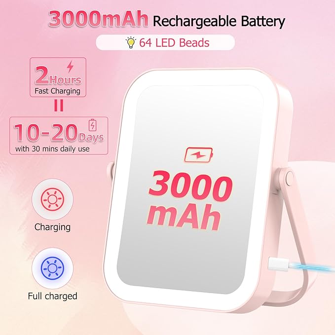 FUNTOUCH 30X/1X Travel Makeup Mirror with Lights, 3000mAh Rechargeable 2-Sided Magnifying Mirror, Portable Vanity Mirror, 3-Color Lighting Dimmable Touch Screen, for Women Gift, Pink