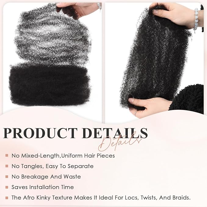Afro Kinkys Bulk Human Hair 3 Pack 150g,Afro Kinky-Curly Human Hair Bulk Hair Bulk Human Braiding Hair for Dreadlock Extensions Repair Locs,Twist Afro Kinky Twist Extensions (16 Inch,50g/Pack)