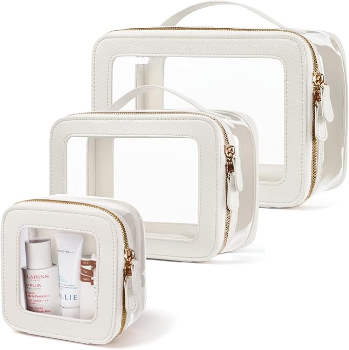 Oaque Clear Cosmetic Bag Set for Women Makeup Bag with Handle, 3 Pcs Travel Toiletry Bag Transparent Cosmetic Case Portable Make Up Organizer Bag for Essentials (White, Mini+S+L)