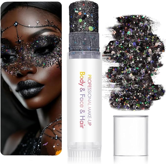 Body Glitter Stick for Face, Body & Hair - Black & Purple Chunky Sparkle Glitter, 2 Pack | Long Lasting Party Makeup for Festival, Rave, Concert & Cosplay