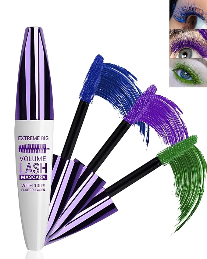 5D Colored Mascara for Eyelashes-3 Colors Blue Purple Green Longlasting Waterproof Mascara Volume and Length,Curling Fiber rimel de pestañas,Women’s Day Cosplay Eye Makeup Gift for Women Girl