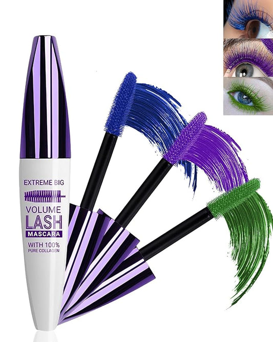 5D Colored Mascara for Eyelashes-3 Colors Blue Purple Green Longlasting Waterproof Mascara Volume and Length,Curling Fiber rimel de pestañas,Women’s Day Cosplay Eye Makeup Gift for Women Girl