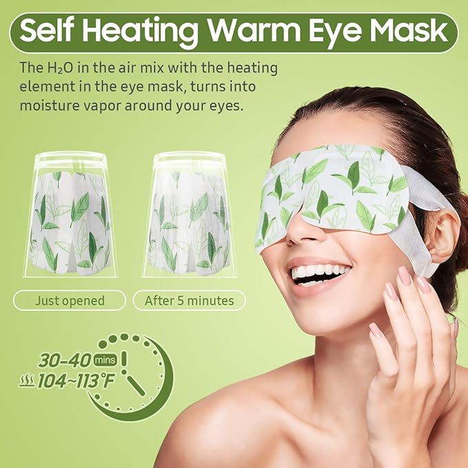 BeHoomi 30Packs Steam Eye Mask, Heated Eye Mask Warm Compress for Eyes, Self Heating Disposable Steam Mask for Home Sleep, Spa, Travel Essentials & Relaxation Gifts, Stocking Stuffers (Green Tea)