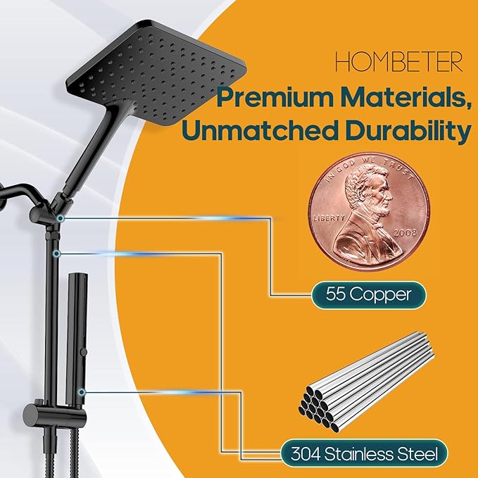 Hombeter Shower Heads with Handheld Combo, 10 Inch High Pressure Rain Shower Head, Height Adjustable Dual 2 in 1 Shower Head System with Stainless Steel Hose, Matte Black