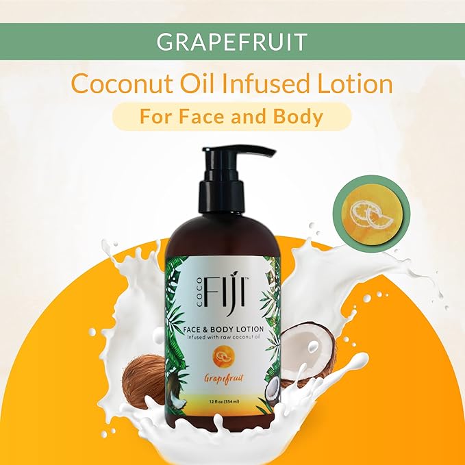 Coco Fiji Face & Body Lotion Infused With Coconut Oil | Lotion for Dry Skin | Moisturizer Face Cream & Massage Lotion for Women & Men | Grapefruit 12 oz, Pack of 1