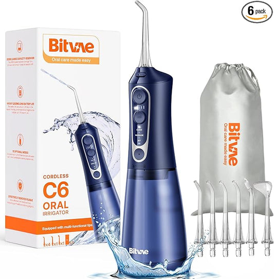 Bitvae C6 Cordless Water Flosser for Teeth Cleaning Picks, Portable Water Dental Flosser for Travel with 6 Jet Tips, IPX7 Waterproof USB Rechargeable Oral Irrigator Cleaner, Midnight Blue